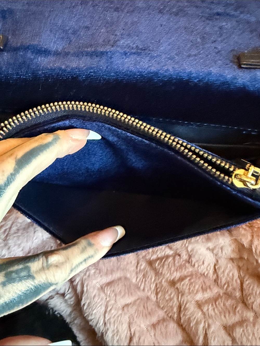 bebe Quilted Velvet Crossbody Bag - Deep Blue with Gold Hardware - Picture 5 of 9